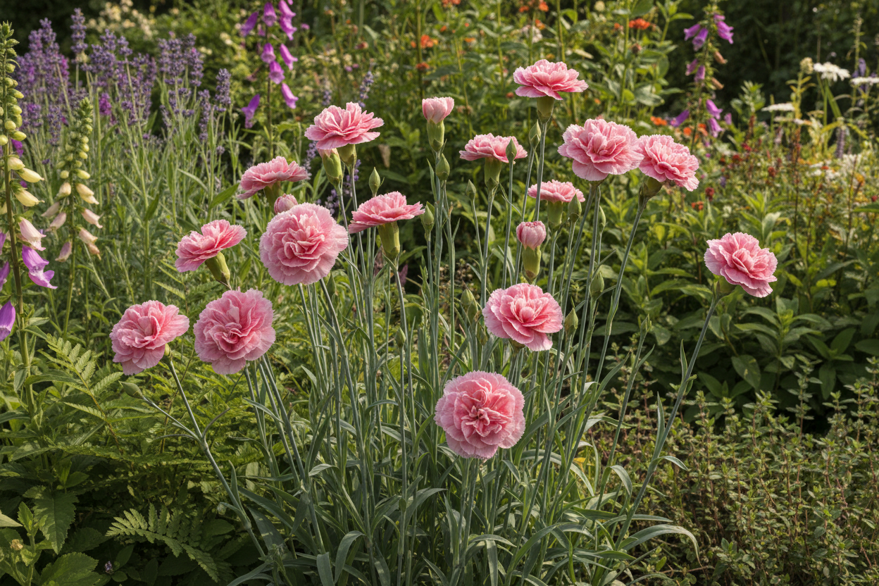 Dianthus caryophyllus Chabaud La France — soft rose-pink ruffled carnation blooms and buds growing in a cottage garden border
