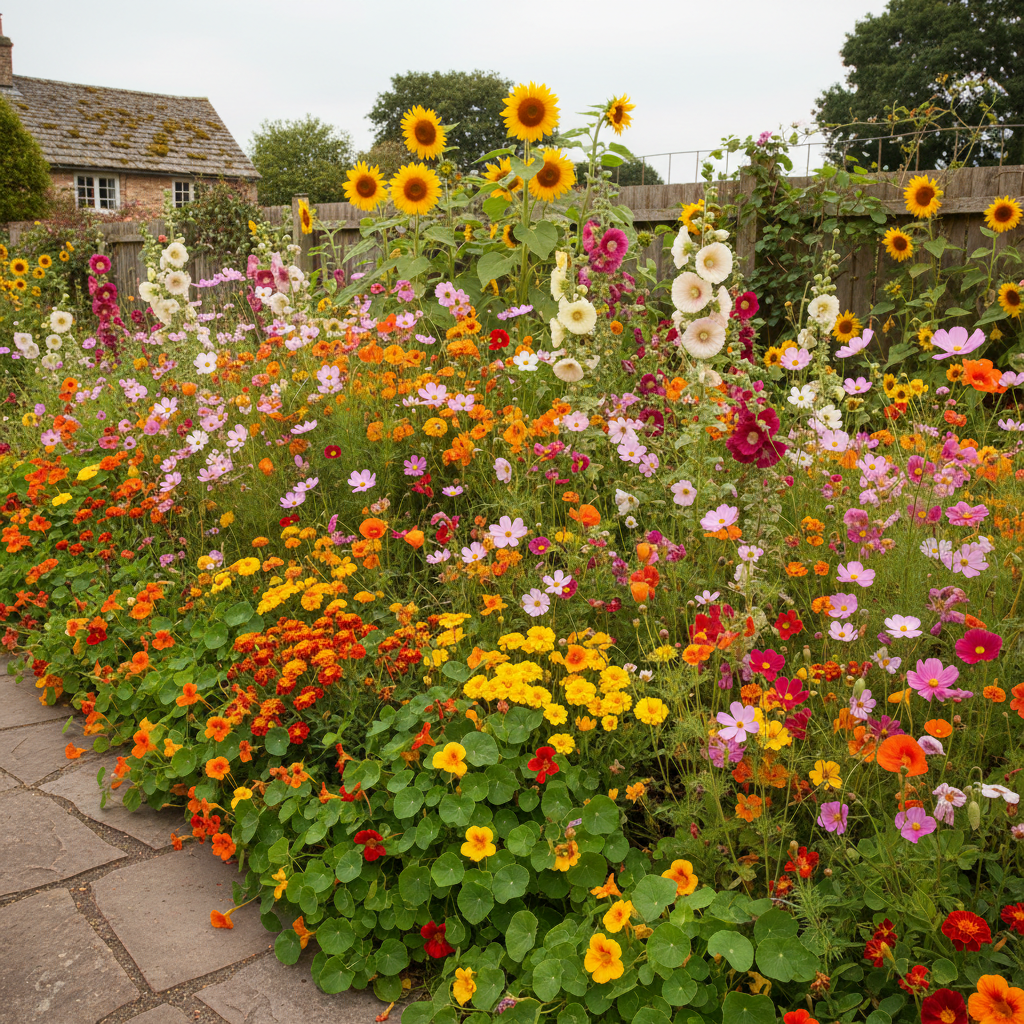 A cheerful colourful cottage garden in full bloom — nasturtiums, marigolds, calendula, sunflowers, cosmos, hollyhocks, poppies and clarkia in warm yellows, oranges, pinks and purples
