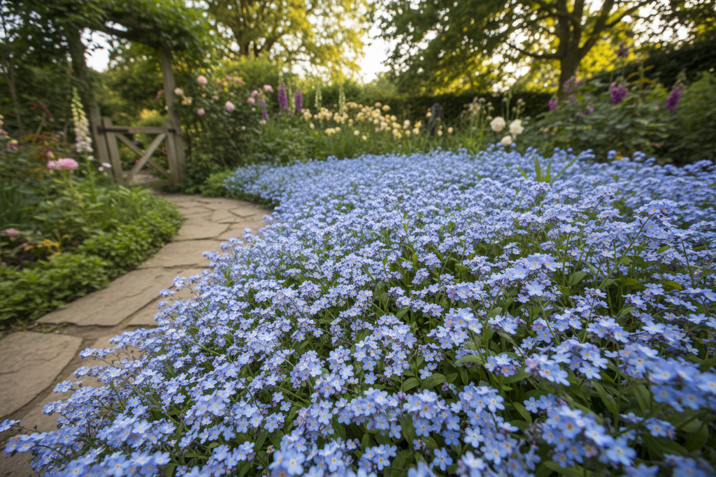 Myosotis alpestris Blue forget-me-nots growing in a cottage garden, masses of tiny bright sky-blue flowers with yellow centres
