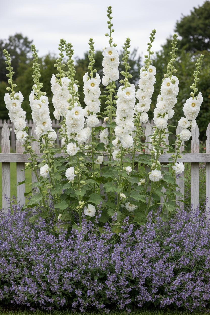 Tall white double-flowered hollyhock spires against a white picket fence with nepeta catmint at the base in a cottage garden