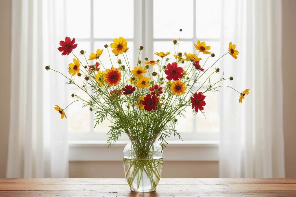 Coreopsis tinctoria Plains Coreopsis — vivid mix of crimson, golden-yellow, bicolour and burgundy daisy blooms in a clear glass vase in front of a window with white sheers
