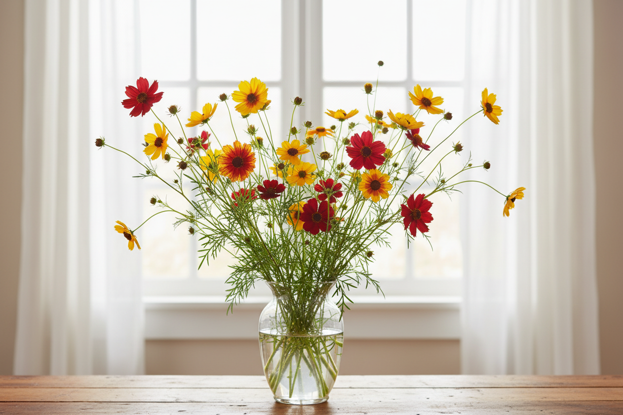 Coreopsis tinctoria Plains Coreopsis — vivid mix of crimson, golden-yellow, bicolour and burgundy daisy blooms in a clear glass vase in front of a window with white sheers