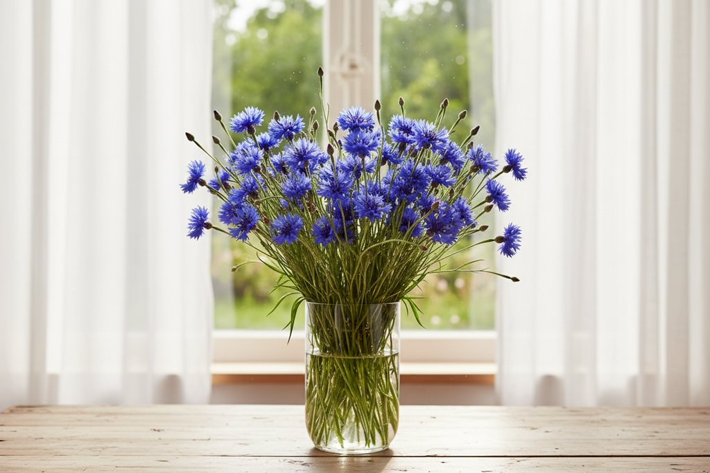 Centaurea cyanus blue cornflowers — full upright lush bunch in a clear glass vase in front of a bright window with white sheers slightly open
