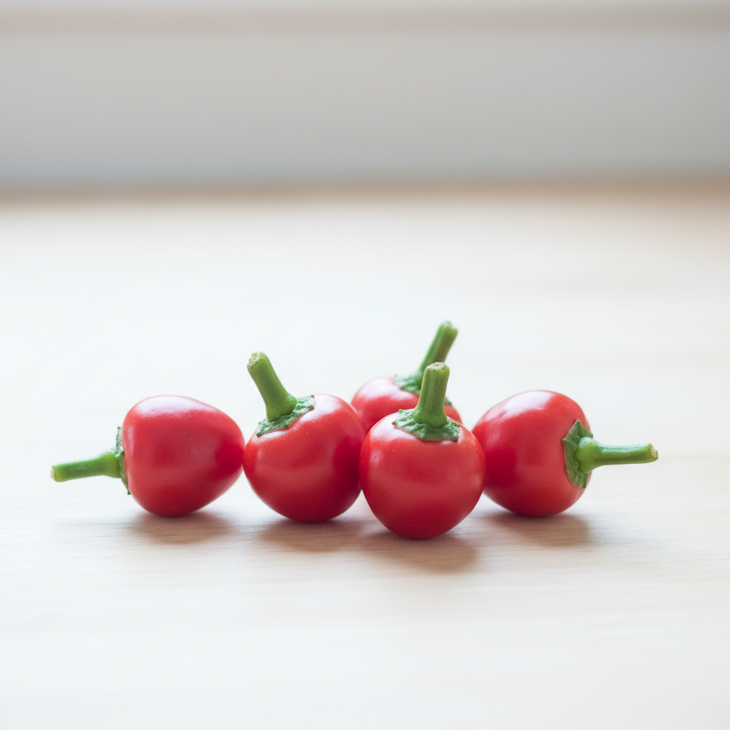Five fresh round red Cascabel chilli peppers with green stems on a bright airy kitchen bench
