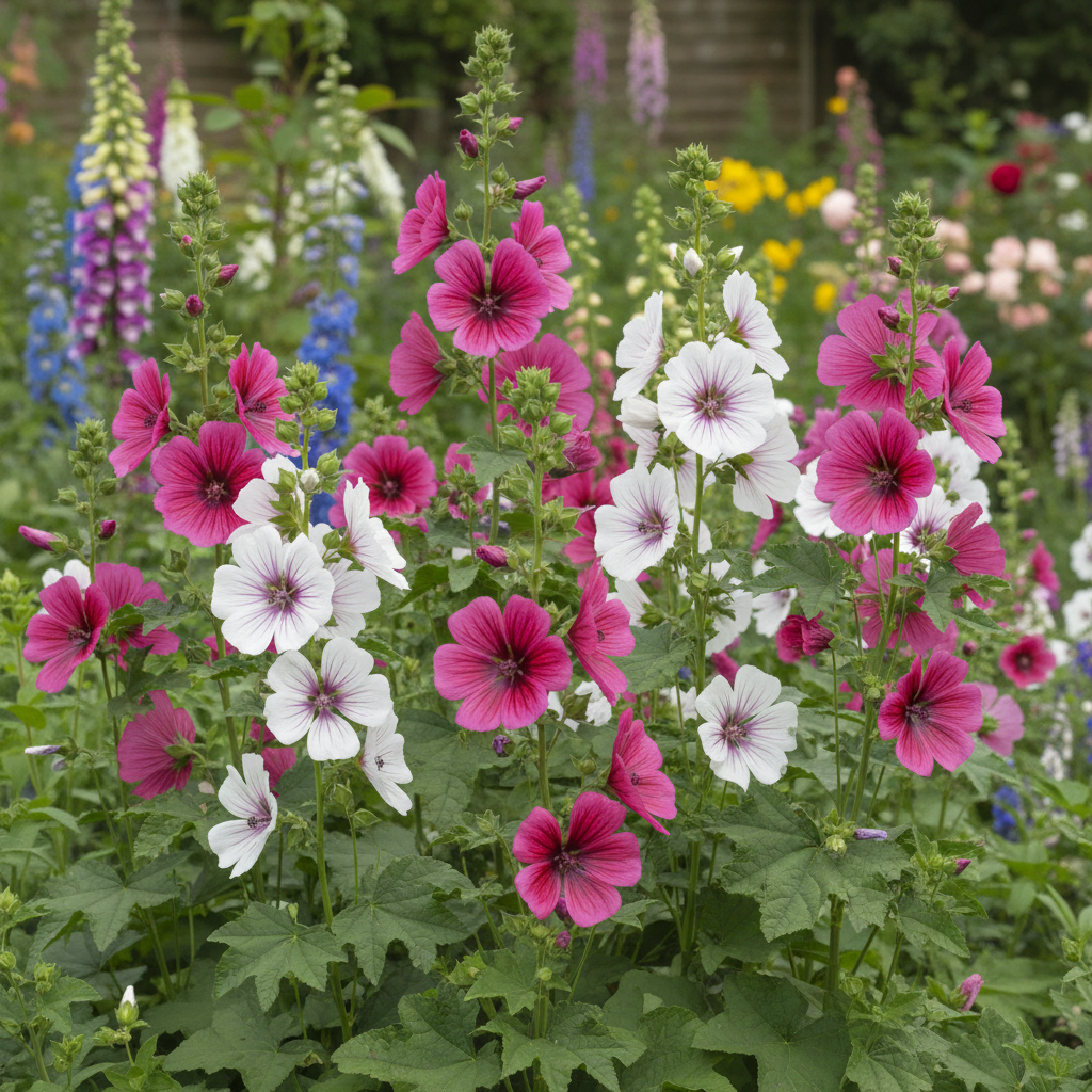 Malope trifida Cottage Mix deep magenta rose pink and white veined blooms growing in a cottage garden border