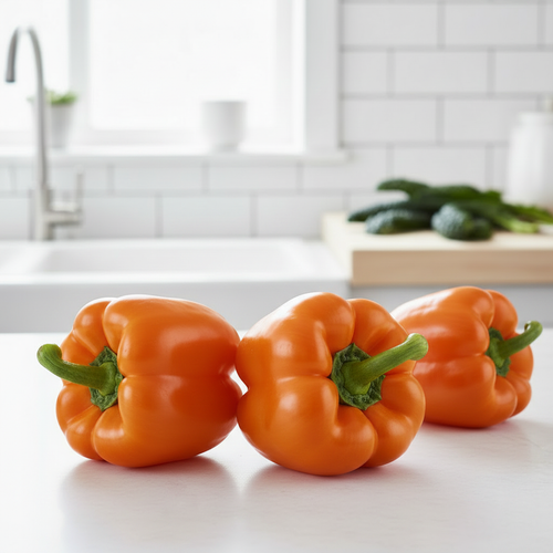 Plump glossy vibrant orange bell capsicums on a bright airy kitchen bench