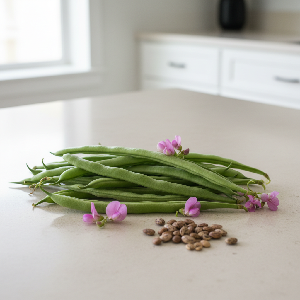 Fresh Ohio Pole green beans with pink-purple flowers and bean seeds on a light kitchen bench