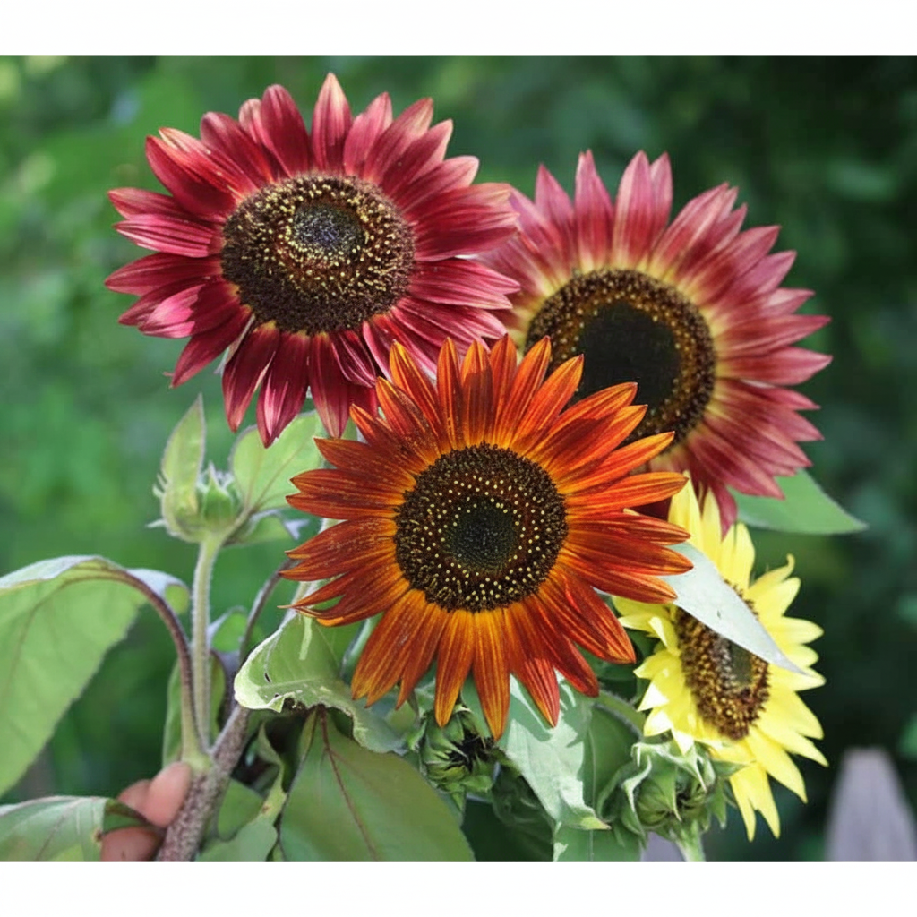 Helianthus annuum Autumn Beauty — mixed sunflower blooms in deep crimson, burnt orange, bicolour red-yellow and bright yellow with dark chocolate-brown centres