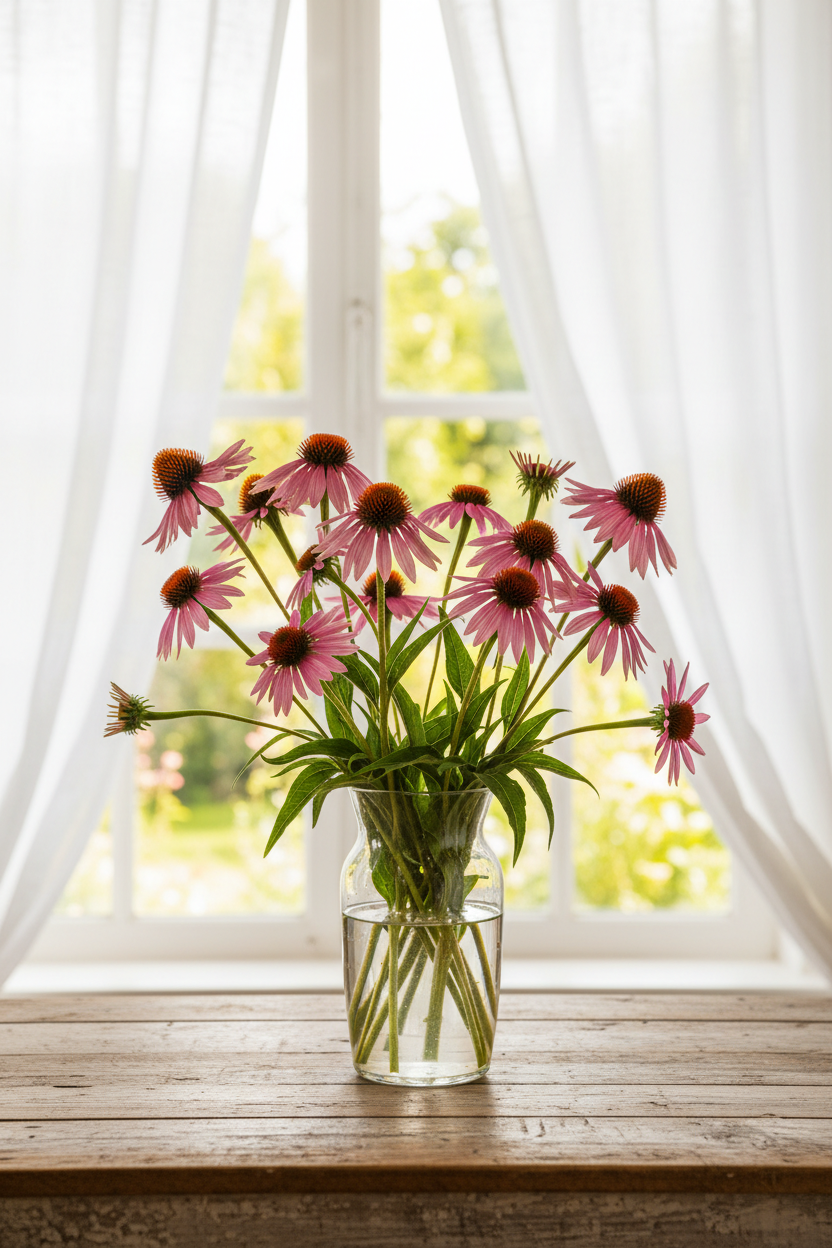Echinacea purpurea cut flowers, 12 stems in a glass vase on a table in front of a well-lit window with sheer curtains