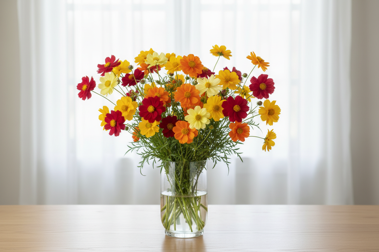 Cosmos sulphureus Brightness Mix flowers in a clear glass vase on a wooden table in front of a bright window with sheer curtains