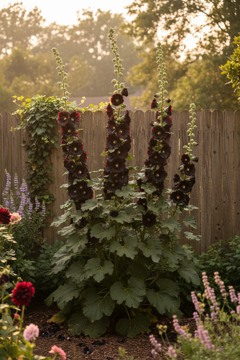 Tall spires of deep near-black velvety Alcea rosea Ebony hollyhock blooms in a sunny cottage garden