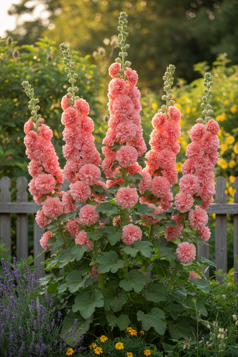 Salmon Chater's Double Hollyhock Alcea rosea growing in a cottage garden, 5 tall stems with double ruffled salmon-pink flowers
