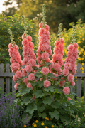 Salmon Chater's Double Hollyhock Alcea rosea growing in a cottage garden, 5 tall stems with double ruffled salmon-pink flowers