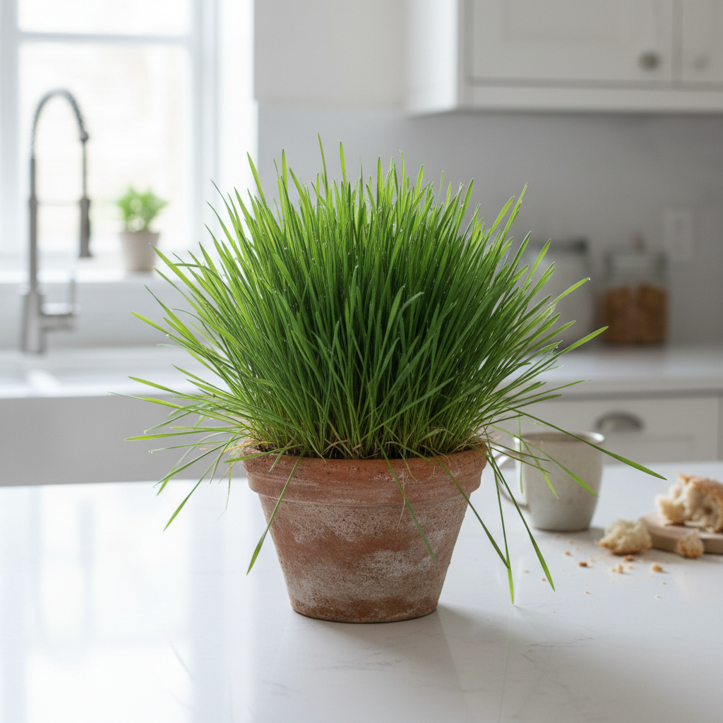 Cat grass Dactylis glomerata growing in a terracotta pot on a kitchen bench