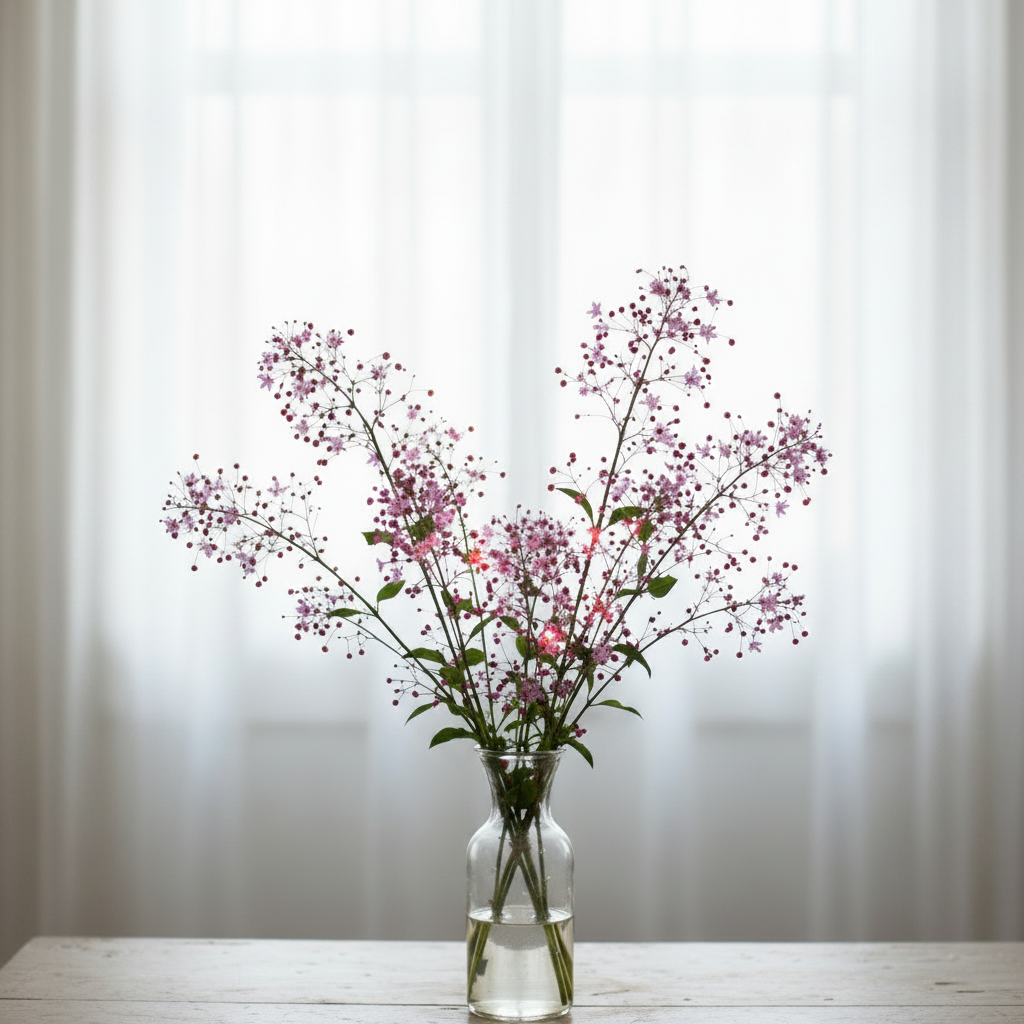 Talinum paniculatum Jewels of Opar with delicate wispy stems and tiny deep pink-red jewel-like berries and small pink flowers in a clear glass vase, softly backlit through long white sheer curtains