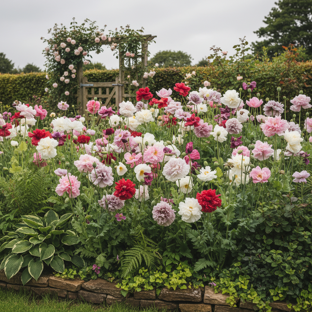 A lush cottage garden bed filled with a beautiful mix of peony, pompom and silk poppies in soft pinks, reds, whites, lilac and smoky grey-mauve