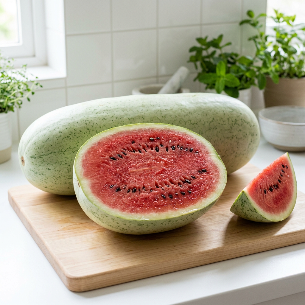 Elongated pale grey-green Charleston Grey watermelon with a red-fleshed cut half on a white kitchen bench