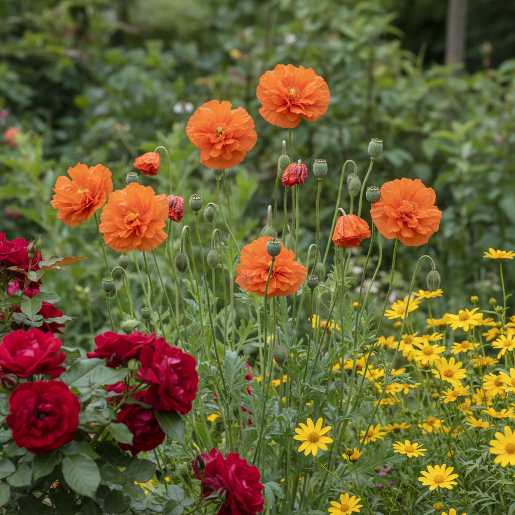 Papaver rupifragum Flore Pleno orange double poppies in a cottage garden with red roses and yellow coreopsis