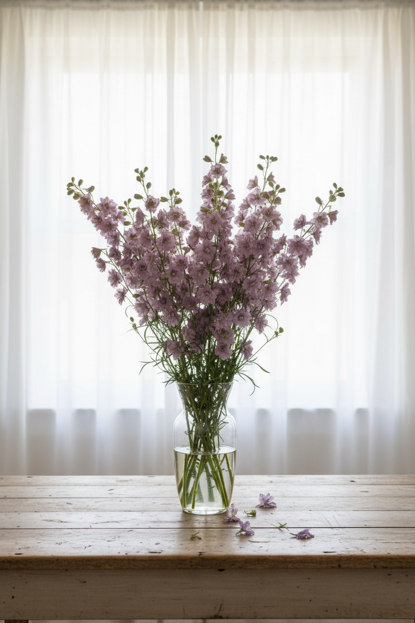 Consolida ajacis Larkspur Misty Lavender with tall elegant spires of soft dusty mauve-lavender double ruffled florets in a clear glass vase, softly backlit through long white sheer curtains