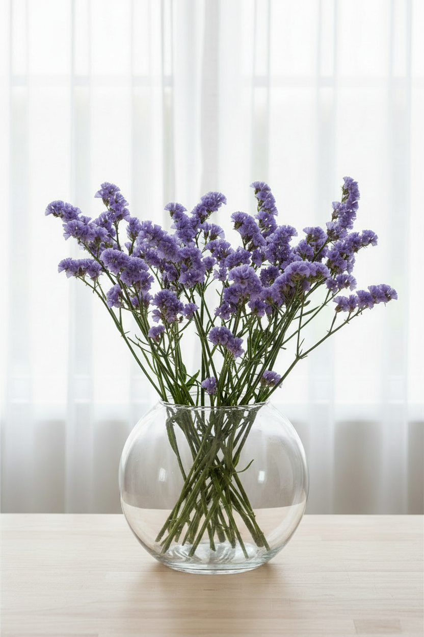 Limonium sinuatum Sky Blue statice, 35 stems in a wide-opening globe fishbowl glass vase, soft lavender-blue-purple periwinkle blooms with elongated open corymbs and characteristic winged stems, loose sheer curtains behind