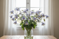 Aquilegia caerulea Blue Star columbine — blue and white bicolour blooms with long spurs and delicate ferny aquilegia foliage in a clear glass vase in front of a bright window with white sheers