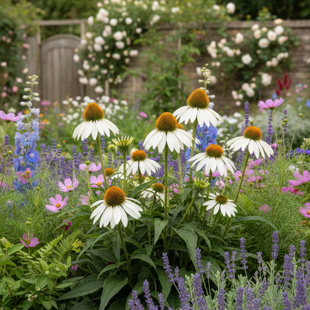 Echinacea Happy Star white coneflower growing in a cottage garden