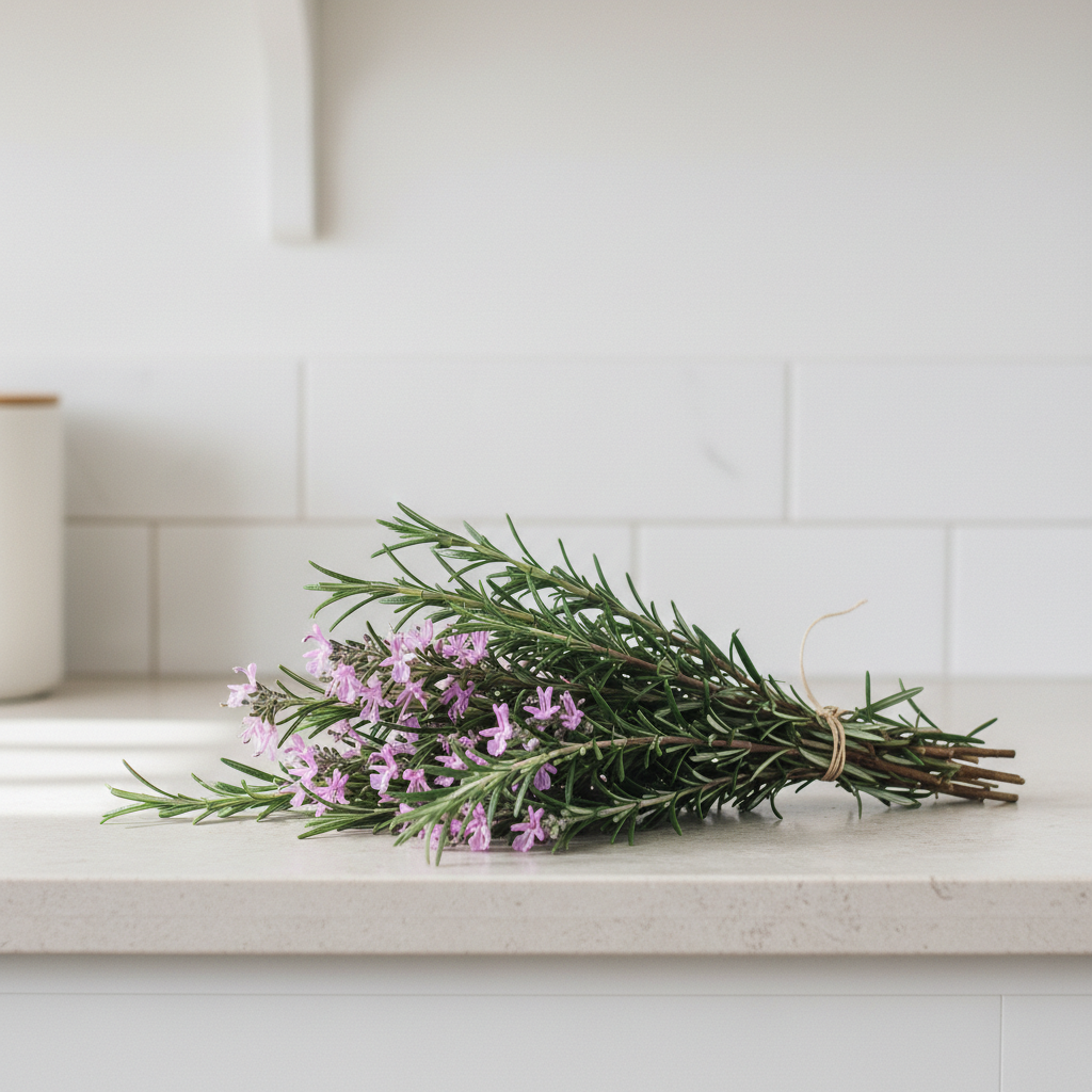Freshly cut bundle of pink rosemary with soft pink blooms on a light kitchen bench