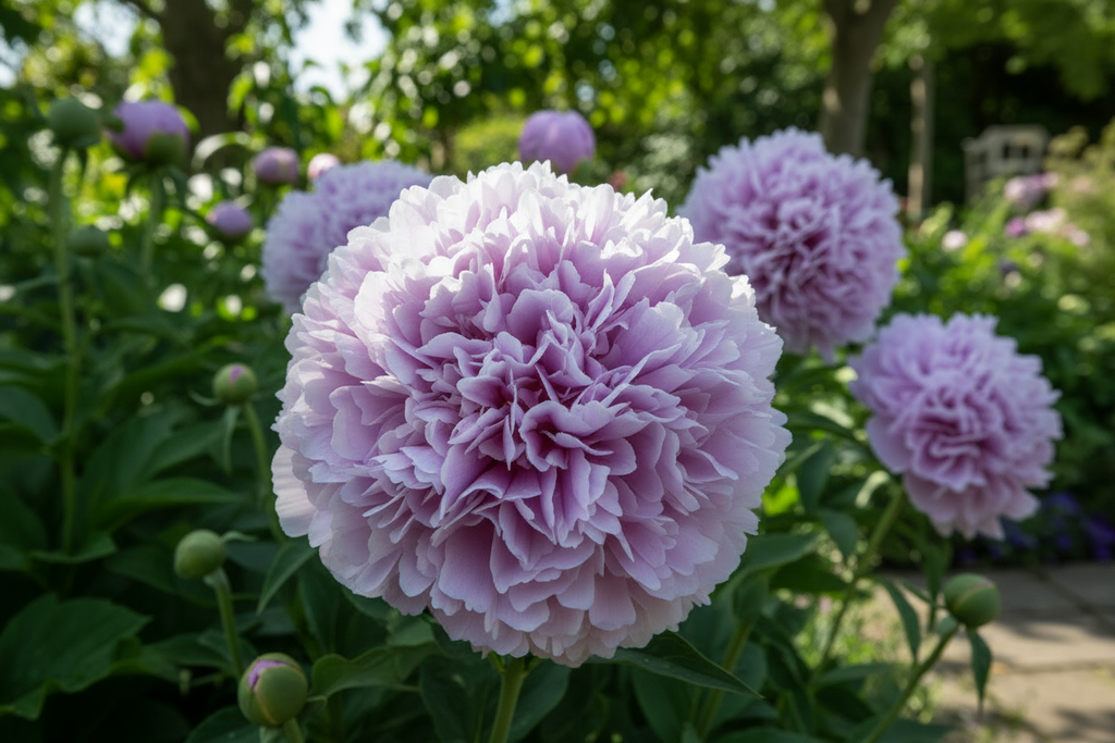 Bright close-up of fully double lilac peony poppy blooms with ruffled petals in a sunny garden setting