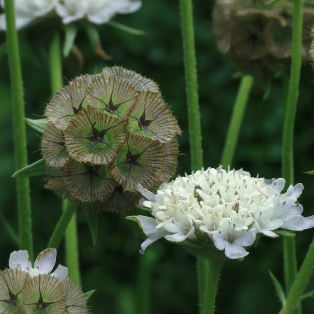 Scabiosa stellata Starball — spherical geometric seed head with fan-shaped star calyxes alongside a white pincushion flower on green stems