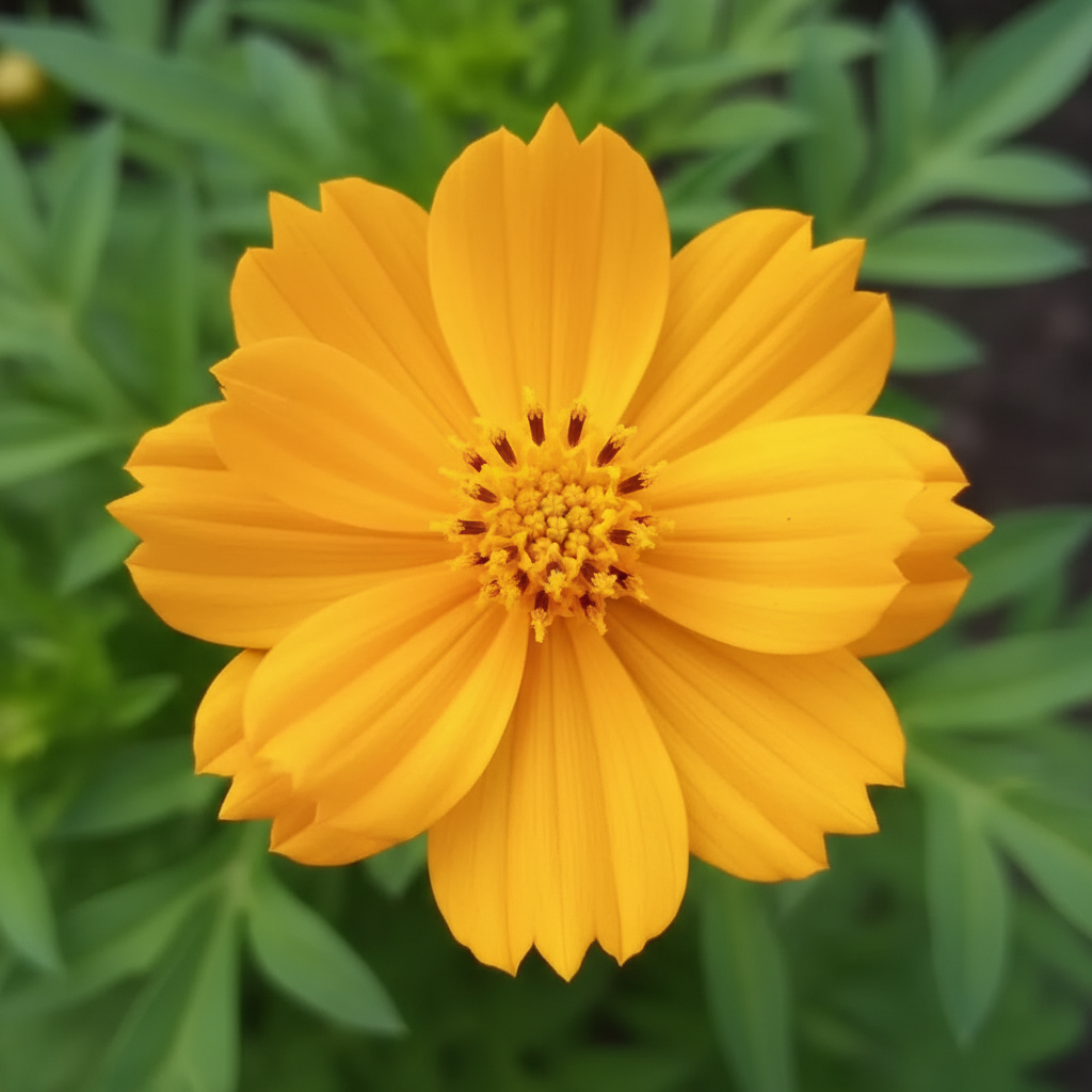 Cosmos sulphureus Orange — close-up of a single vivid golden-orange bloom with notched petals and orange-yellow central disc
