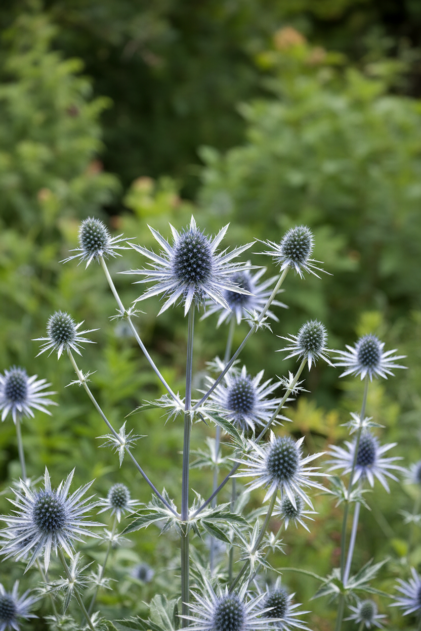 Blue Thistle — Eryngium planum, steel-blue thistle-like flower heads with spiky metallic bracts