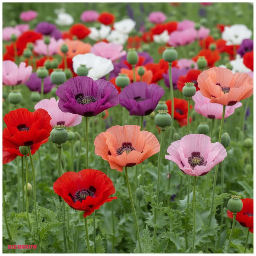 Mixed Papaver orientale Oriental poppies in a cottage garden border with seed pods in the background