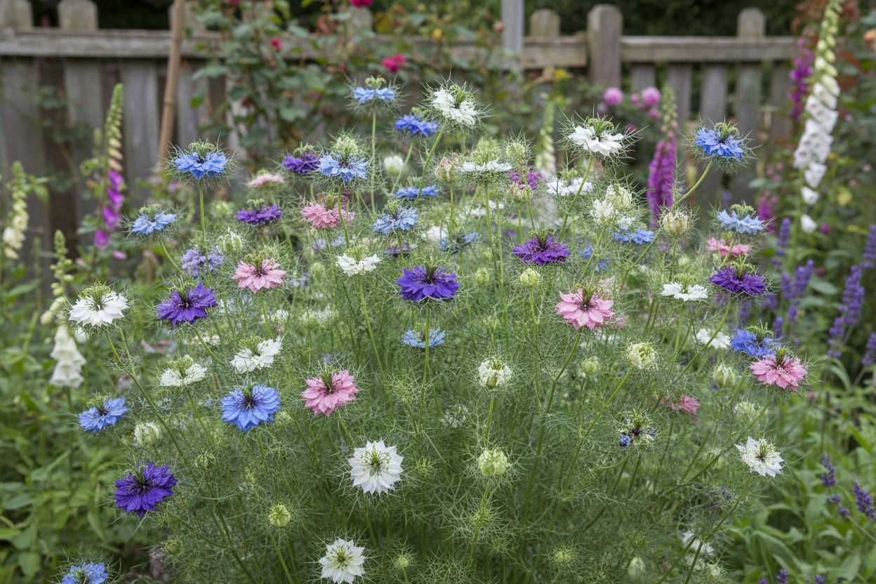 Nigella damascena Love-in-a-Mist mixed colours with blue, purple, pink and white flowers nestled in feathery foliage in a cottage garden
