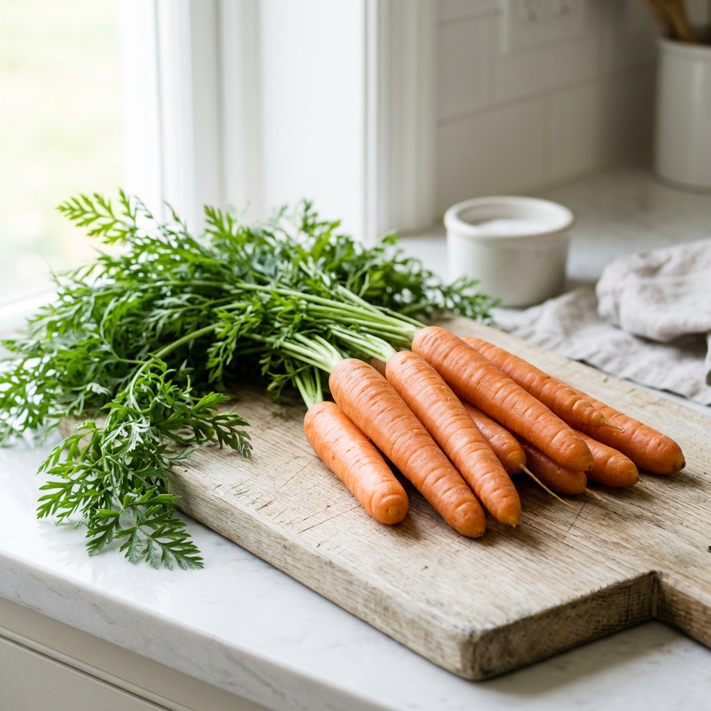 Clean Touchon carrots with leafy green tops attached on a chopping board in a bright kitchen