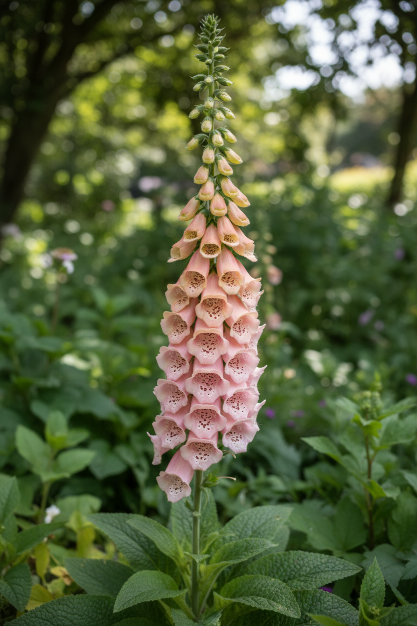 Foxglove Apricot Beauty — Digitalis purpurea, soft peachy-apricot spires in a cottage garden