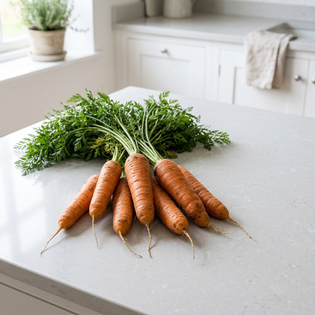 Kuroda Improved carrots fanned across a pale kitchen island