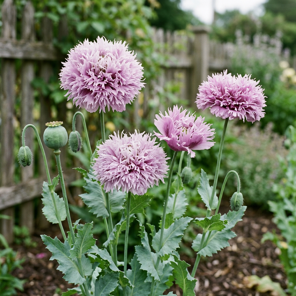 Lilac Pompom poppies in a softly lit cottage garden