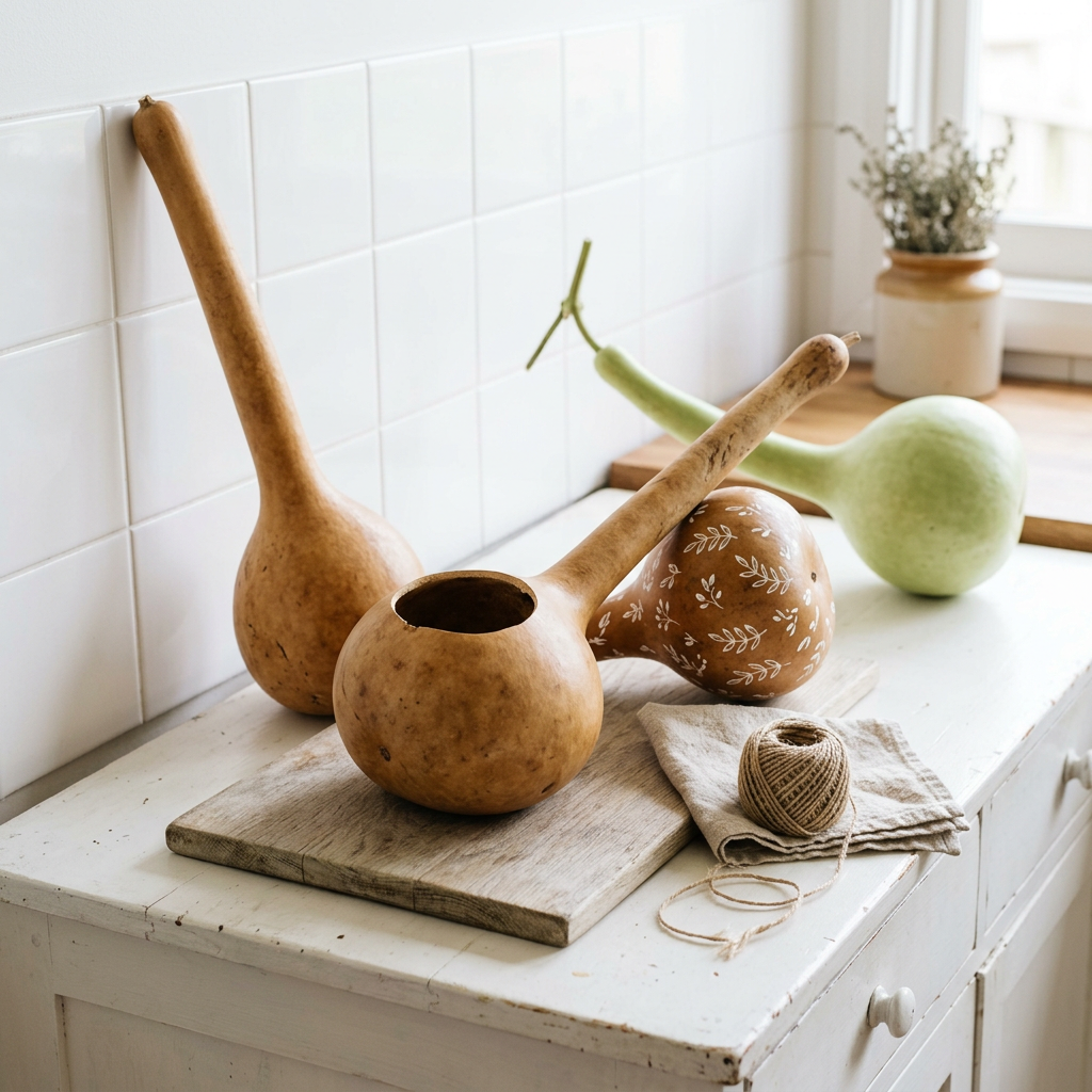 Long-necked dipper gourds displayed with decorative craft examples