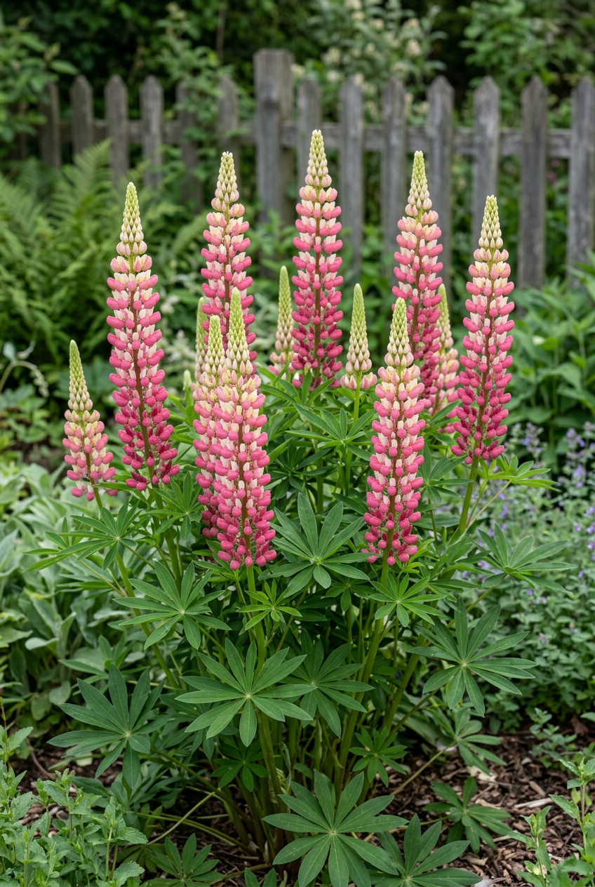 Lupinus The Chatelaine with pink-and-white flower spikes in a softly lit garden