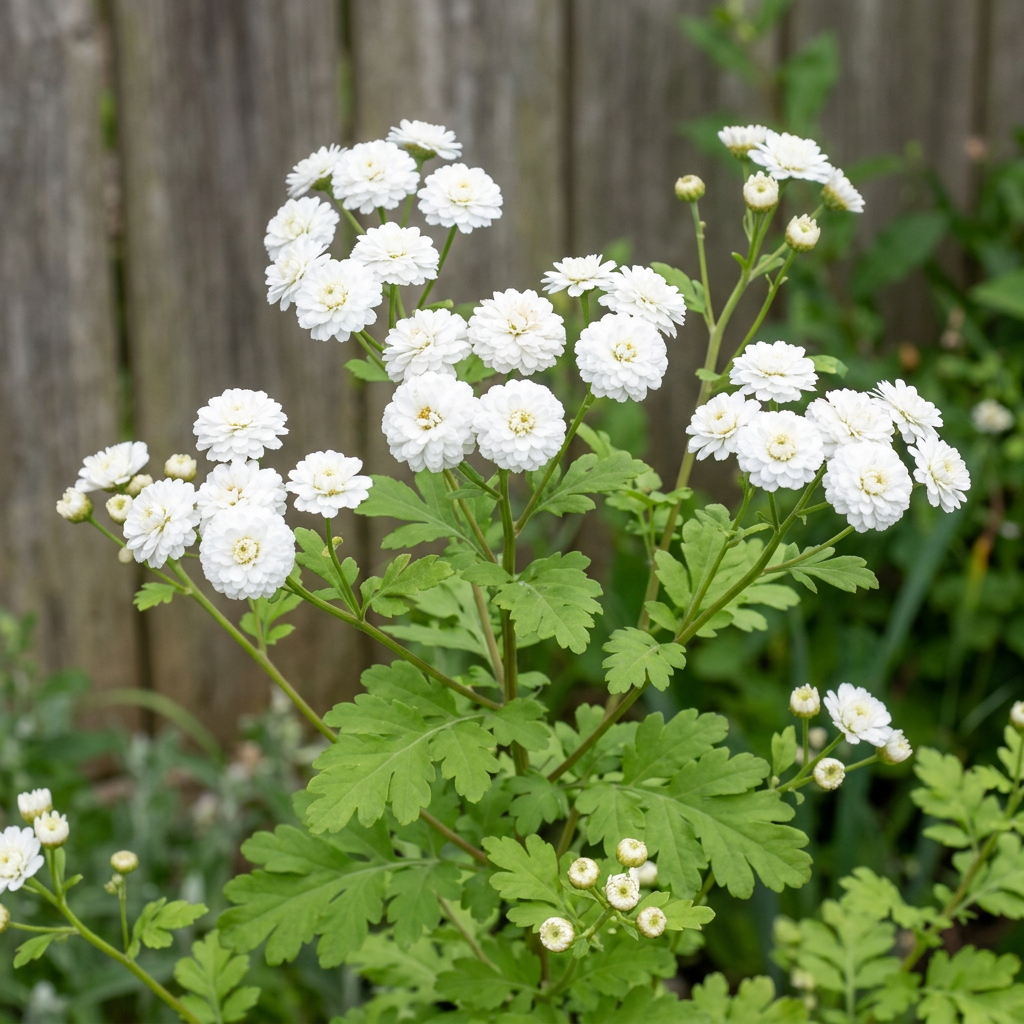 Matricaria Tetra double-flowered feverfew in a softly lit garden