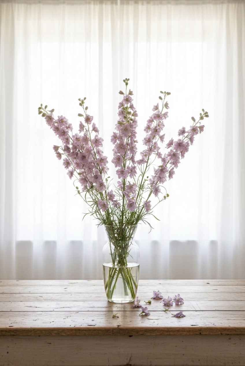 Misty Lavender larkspur vase arrangement with stronger soft frontal lighting