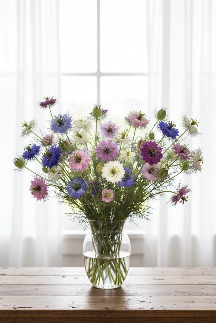 Nigella Mix vase with stronger light on the front of the flowers