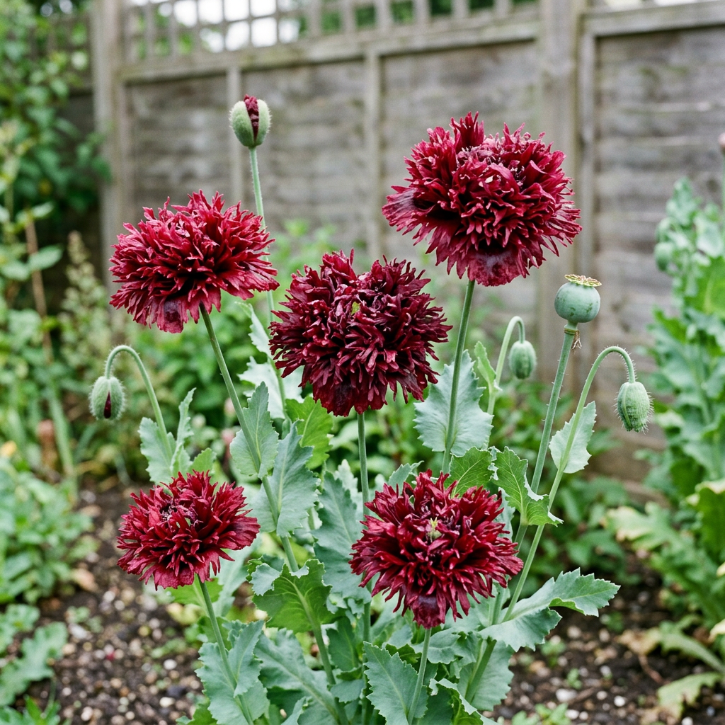 Papaver laciniatum Dark Red pompom poppies in a softly lit cottage garden