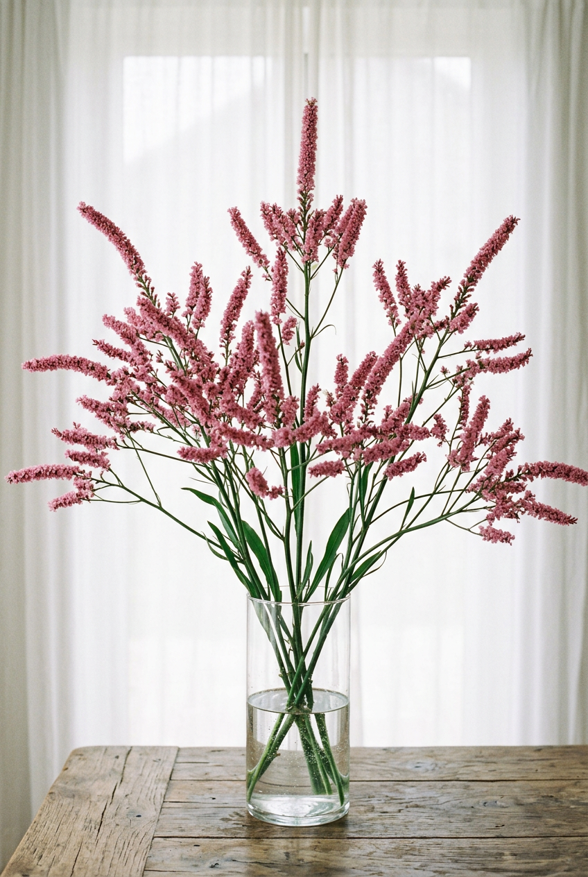 Pink Pokers in a clear glass vase beside closed white sheers, with soft frontal lighting