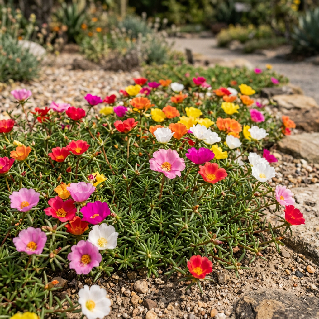 Portulaca grandiflora Mix growing in a sunny garden edging
