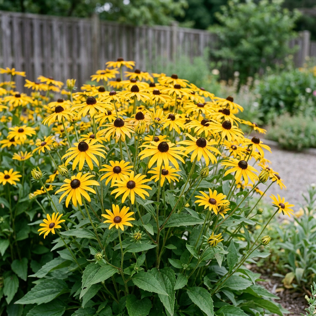 Rudbeckia fulgida Goldsturm in a softly lit cottage garden