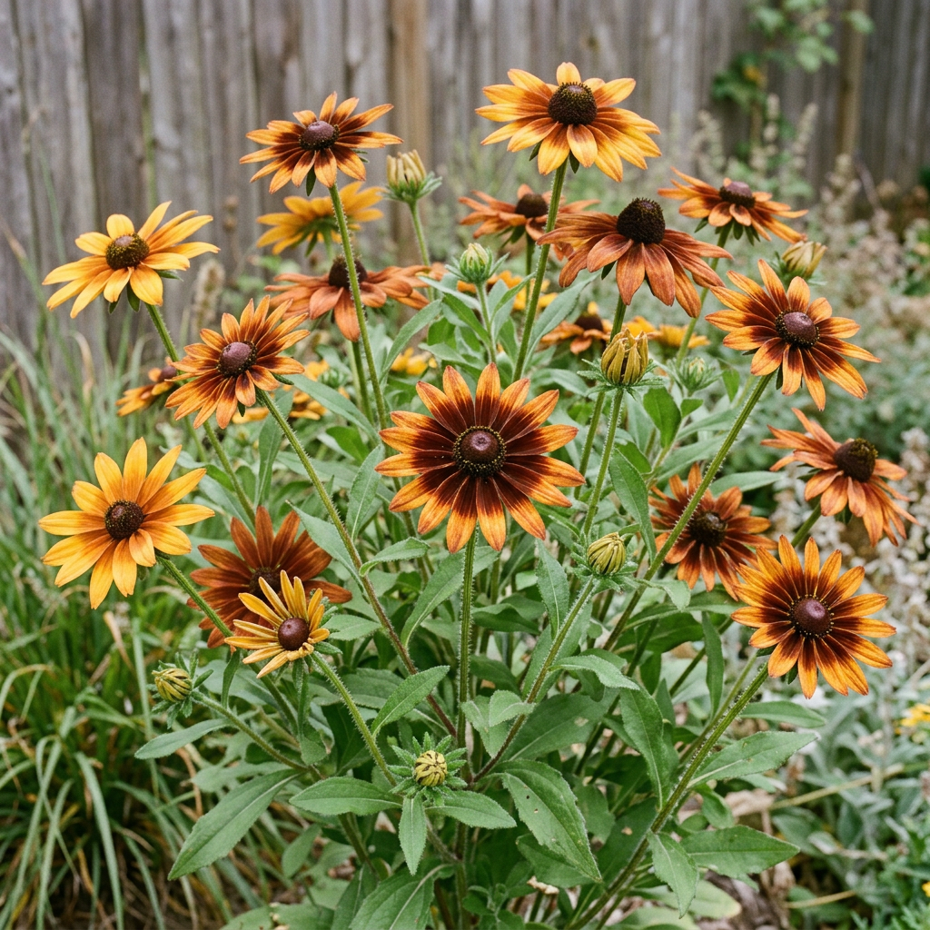 Rudbeckia hirta Autumn Tones in a softly lit cottage garden