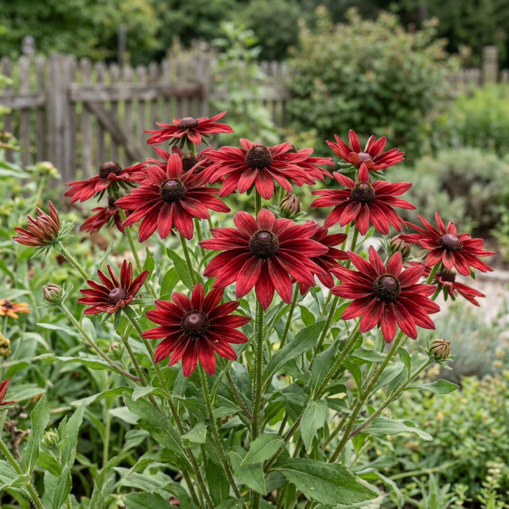 Rudbeckia hirta Cherry Brandy in a softly lit cottage garden