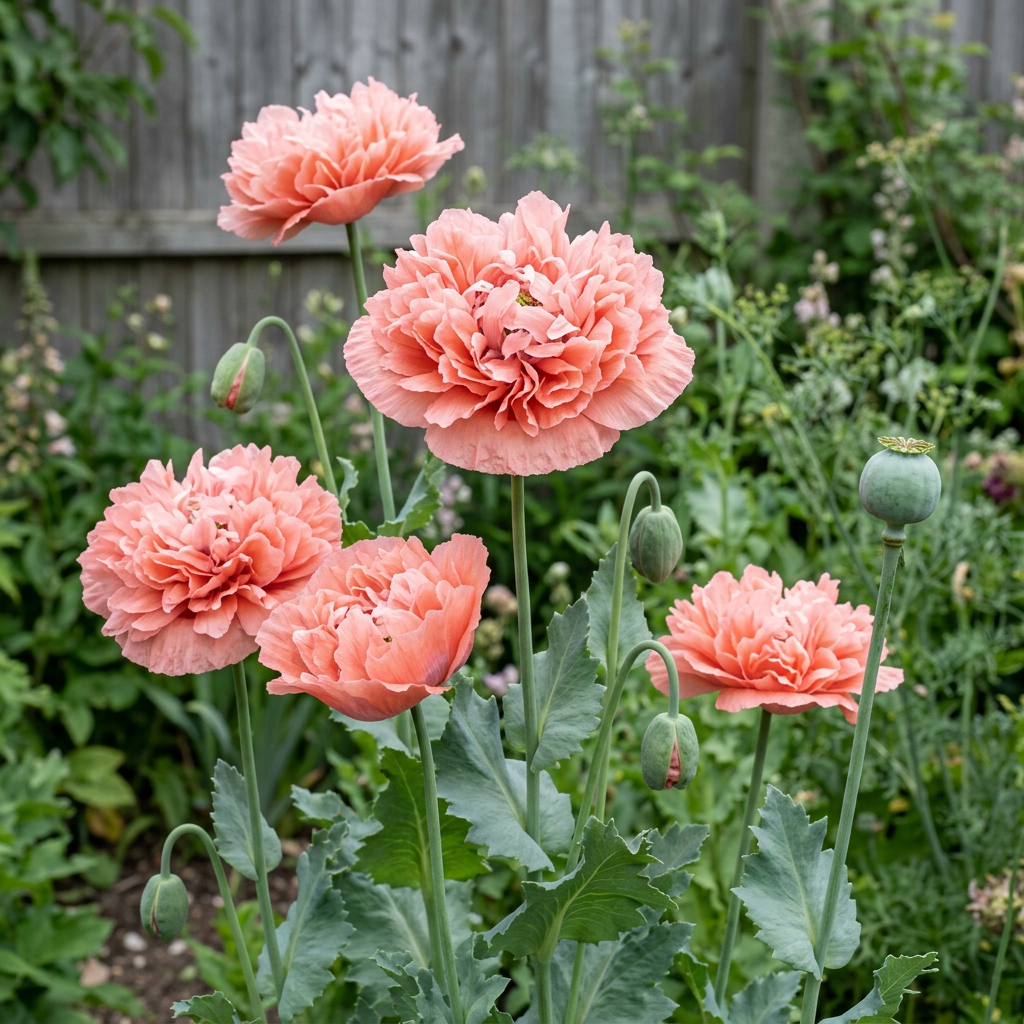 Salmon Peony Poppies in a softly lit cottage garden