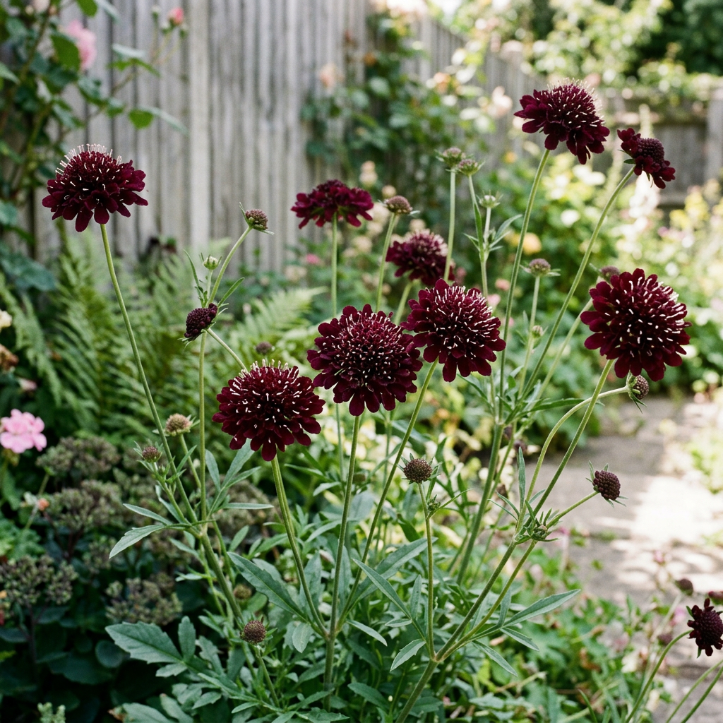 Scabiosa atropurpurea Black Knight in a softly lit cottage garden